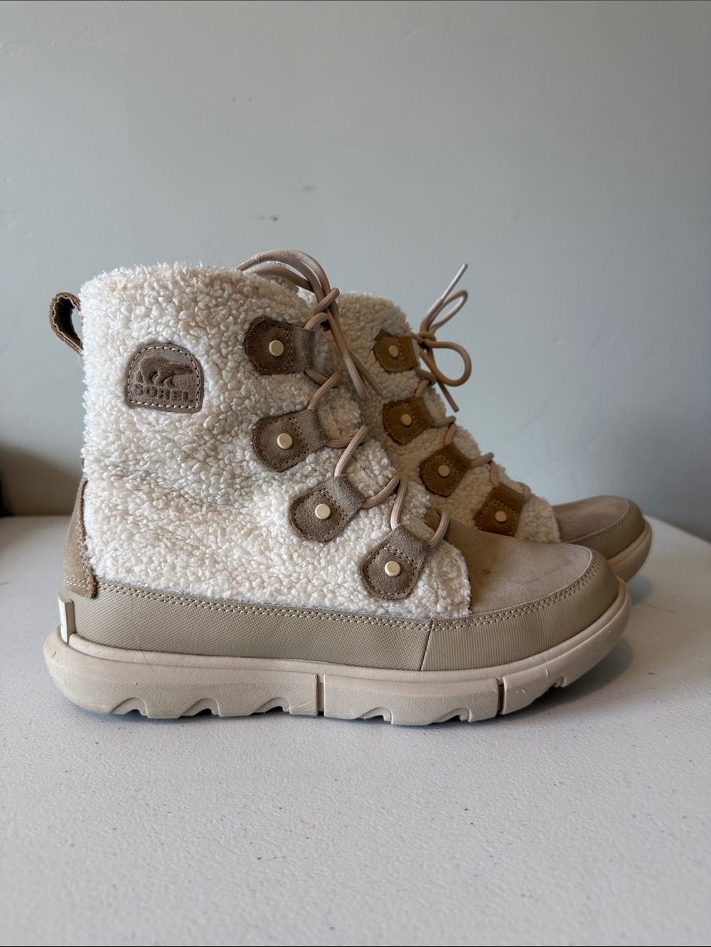 Sorel Cream and Tan Sherpa Lace-Up Boot